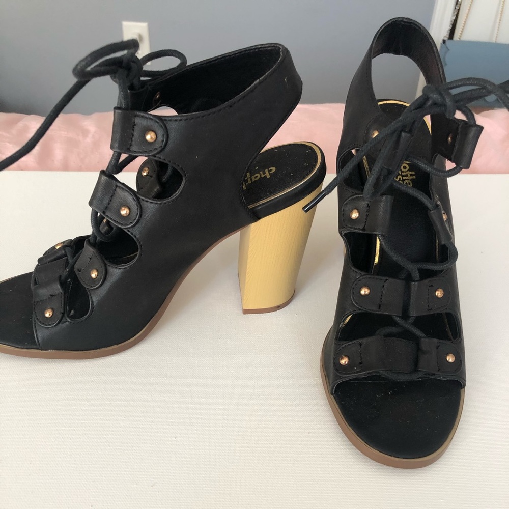Black lace up block heel shoes